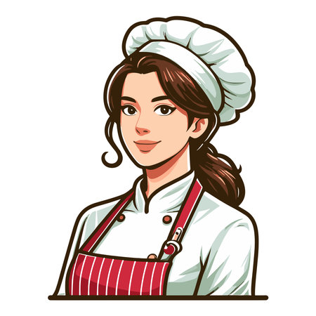 Beautiful woman chef mascot logo vector illustration, female character with hat and chef uniform, restaurant business concept, design template isolated on white backgroundのイラスト素材