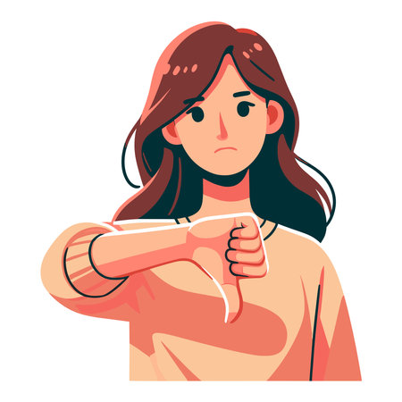 Woman showing thumbs down design illustration, unhappy girl gesturing dislike, disapproval sign, negative expression, disagreement. vector template isolated on white backgroundのイラスト素材