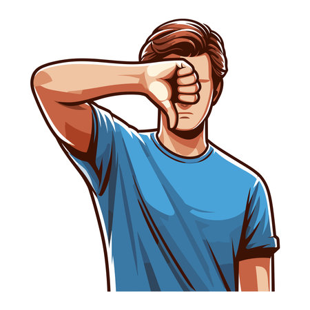 Man showing thumbs down vector illustration, unhappy male gesturing disapproval sign, dislike, disagreement, negative expression. design template isolated on white backgroundのイラスト素材