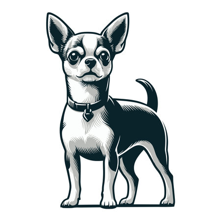 Cute chihuahua dog full body vector illustration, funny adorable pet animal, standing purebred chihuahua doggy flat design template isolated on white backgroundのイラスト素材