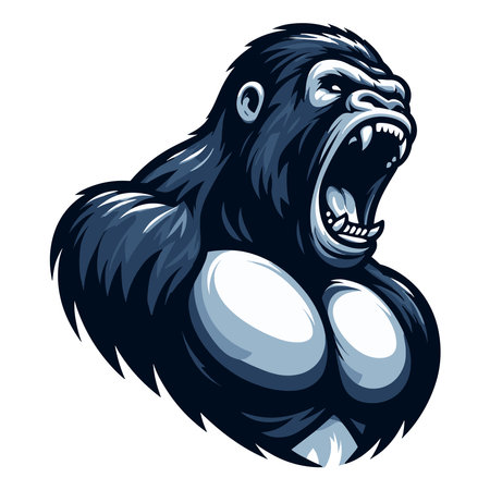 Wild angry gorilla head face vector illustration, primate animal zoology element illustration, roaring strong big ape logo mascot, design template isolated on white backgroundのイラスト素材