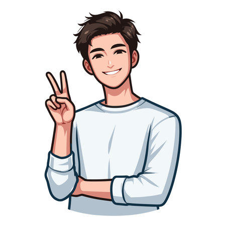 Man showing peace sign design illustration, happy male gesturing peace victory sign with hand, joyfulness, gladness, positive emotion vector template isolated on white backgroundのイラスト素材