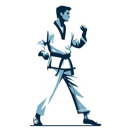 Man taekwondo athlete full body design illustration, male taekwondo martial art player, fight sport, kicking attack technique. design template isolated on white backgroundのイラスト素材