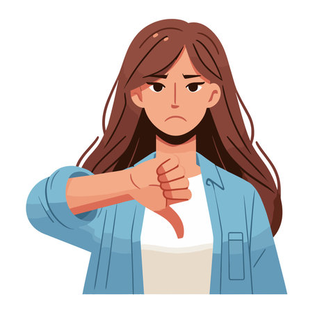 Woman showing thumbs down vector illustration, unhappy girl gesturing disapproval sign, dislike, disagreement, negative expression. design template isolated on white backgroundのイラスト素材