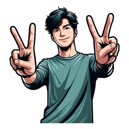 Man showing peace sign design illustration, happy male gesturing peace victory sign with hand, joyfulness, gladness, positive emotion vector template isolated on white backgroundのイラスト素材