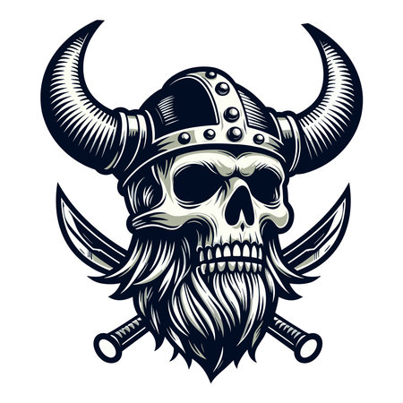 Viking head skull with horned helmet vector illustration, Nordic Scandinavian warrior, suitable for t-shirt, tattoo, logo design. Design template isolated on white backgroundのイラスト素材
