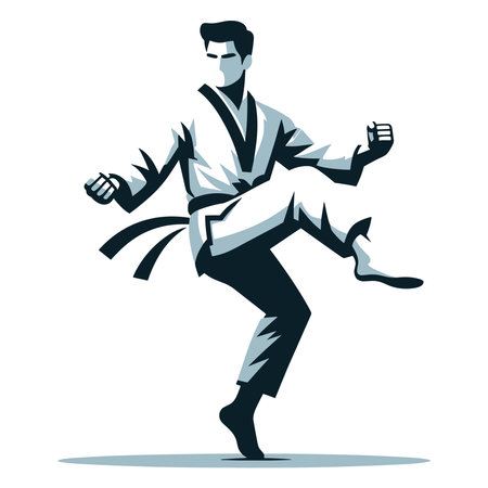 Man taekwondo athlete full body design illustration, male taekwondo martial art player, fight sport, kicking attack technique. design template isolated on white backgroundのイラスト素材