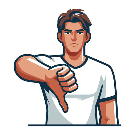Man showing thumbs down design illustration, unhappy male gesturing dislike, disapproval sign, negative expression, disagreement. vector template isolated on white backgroundのイラスト素材
