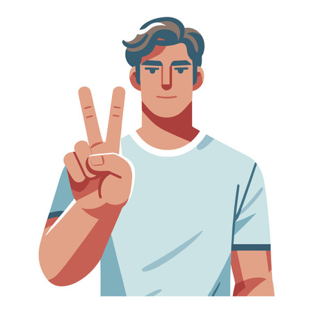 Man showing peace sign design illustration, happy male gesturing peace victory sign with hand, joyfulness, gladness, positive emotion vector template isolated on white backgroundのイラスト素材