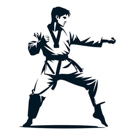 Man taekwondo athlete full body design illustration, male taekwondo martial art player, fight sport, kicking attack technique. design template isolated on white backgroundのイラスト素材