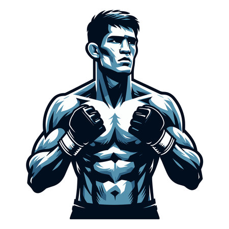 Man mixed martial arts athlete half body vector illustration, MMA sport fighter, octagon combat, punching with fist, kicking strike. design template isolated on white backgroundのイラスト素材