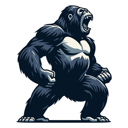 Wild angry gorilla full body design illustration, roaring strong big ape concept, primate animal zoology element illustration, vector template isolated on white backgroundのイラスト素材
