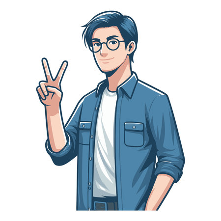 Man showing peace sign design illustration, happy male gesturing peace victory sign with hand, joyfulness, gladness, positive emotion vector template isolated on white backgroundのイラスト素材