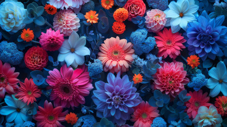 Colorful flower arrangement with pink, red, blue and orange flowers.  Floral background and texture.  Summer floral image for design projects and social media.の素材