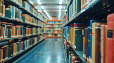 Rows of bookshelves filled with colorful books in a library, showcasing a large collection of knowledge and literature. Concept of education, research, and learning.の素材