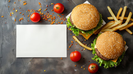 Top view of two cheeseburgers, french fries, and cherry tomatoes with a white card for mock-up. Concept of fast food, restaurant, menu, and advertisement.の素材