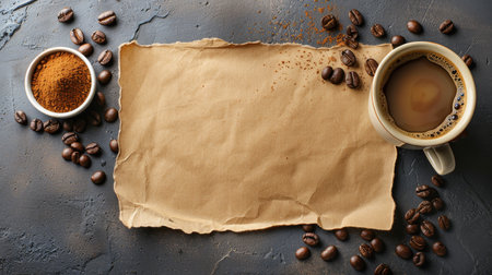 Coffee beans, ground coffee, cup of coffee, and parchment paper on a dark background. Perfect for your coffee related projects, menus, branding, websites and more!の素材