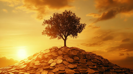 Money tree growing from pile of coins with sunset background. 3d renderの素材