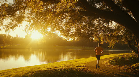 Runner athlete running at sunrise in the park. woman fitness jogging workout wellness concept.の素材