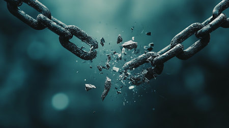 Broken chain. Conceptual image of broken chain. 3d renderingの素材