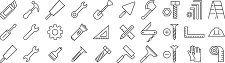 Vector monochrome line icon set about toolsのイラスト素材