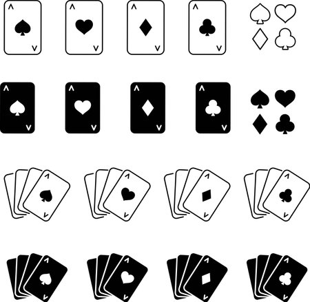 Vector monochrome playing card line art and silhouette icon setのイラスト素材