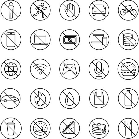 Set of monochrome line drawing prohibition pictogramsのイラスト素材