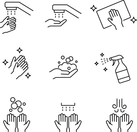 Monochrome hand and hygiene line icon setのイラスト素材
