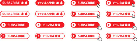 Set of subscribe buttons, arrows and hand click marksのイラスト素材