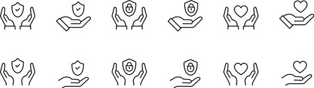 Hand and security heart symbol line icon setのイラスト素材