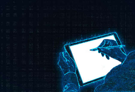 Mock up of digital tablet device with digital pencil in hand on wooden background. Laptop and...
