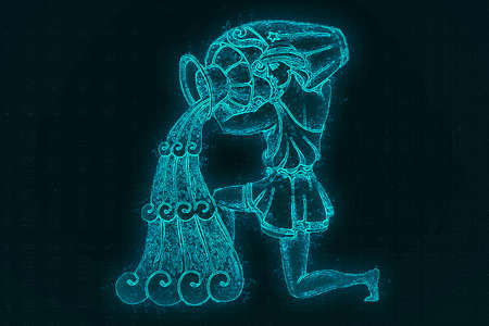 Picture of aquarius horoscope sign in twelve zodiac with galaxy blue backgroundの写真素材