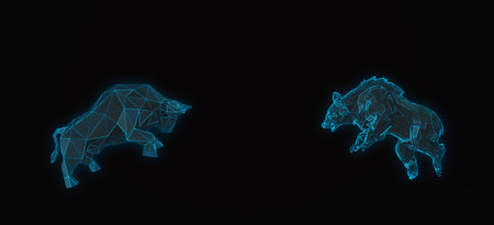 3d rendering of polygonal bull and bear shape writing by lines and dots over the Stock market chart with information over the Modern business building glass of skyscrapers, trading and finance investment conceptの写真素材