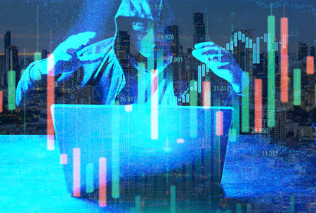 cybercrime, hacking and technology crime. double exposure with no face hacker with laptop and...