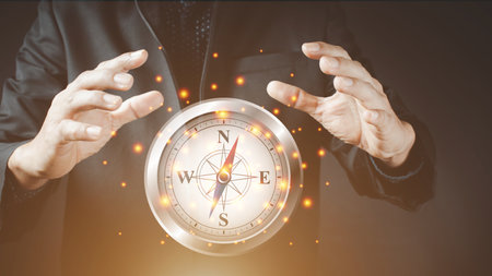 Business navigate recovery, Abstract, The compass navigate for businessmen to resume business growth in the economic crisis, Rethink, Reinvent and Recoverの写真素材