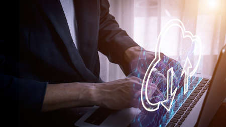 Businessman using laptop to store data with cloud computing technology, Cyber Security Data...