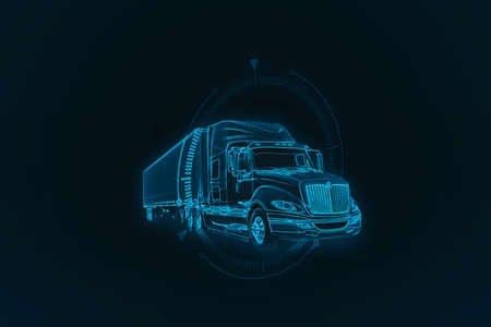 Truck. Abstract vector 3d heavy lorry van. Highway road. Isolated on dark blue background. Transportation, logistics or international shipping concept.の写真素材