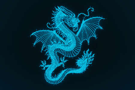 A glowing blue Chinese dragon on a dark blue backgroundの写真素材