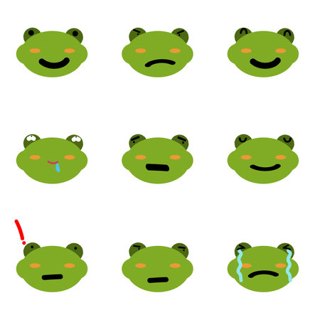 Set of emoticons, emoji isolated on transparent background, vector illustration, infographics, animation, website, cartoon, cartoon frog sticker application. Frog face emotion character design emoticonsのイラスト素材