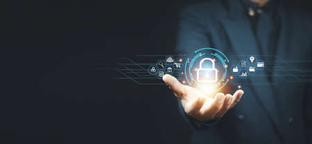 Cybersecurity and privacy concepts to protect data. Lock icon and internet network security...
