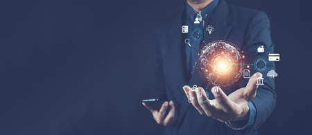 Businessman using mobile smart phone. Business global internet connection application technology and digital marketing, Financial and banking, Digital link tech, big data.の写真素材