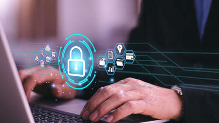 Cybersecurity and privacy concepts to protect data. Lock icon and internet network security...