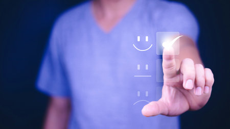 Customer Service and Satisfaction Concept Businessman is touching the virtual screen on the happy...