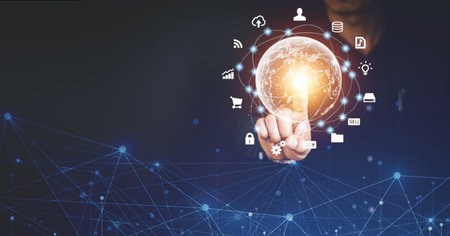 Hand holding virtual Global Internet connection metaverse. Business global internet connection...