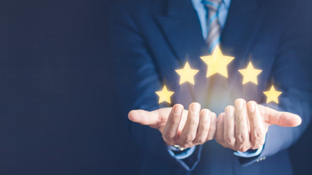 Customer evaluation feedback. men in suit Giving Positive Review for Client's Satisfaction Surveys. giving a five star rating. Service rating, satisfaction concept.の写真素材