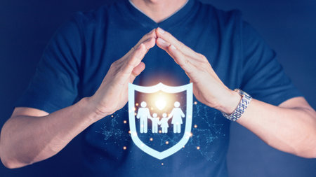 Businessman with protection gesture and family, life, health and home insurance icon. insurance...