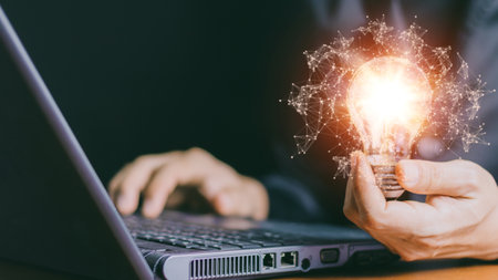 Innovation. Hands holding light bulb for Concept new idea concept with innovation and inspiration,...
