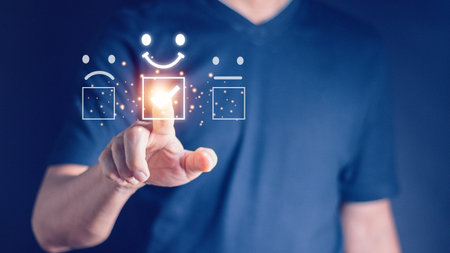 Customer Service and Satisfaction Concept Businessman is touching the virtual screen on the happy...
