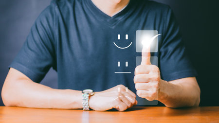 Customer Service and Satisfaction Concept Businessman is touching the virtual screen on the happy...