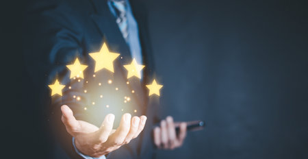 Customer Experience Concept, Best Excellent Services Rating for Satisfaction present by Hand of Client Showing excellent rating Five Star.の写真素材